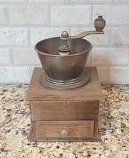Vintage Manual Coffee Grinder  Metal & Wood Base