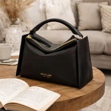 Black Leather Handbag, Designer Calfskin Purse with Gold Hardware, Gift for Her